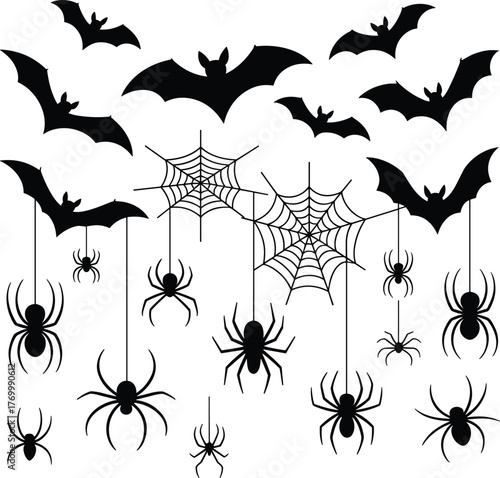 Halloween bats and spiders silhouette illustration, black vector design with cobwebs, creepy night creatures, spooky decoration art for horror theme