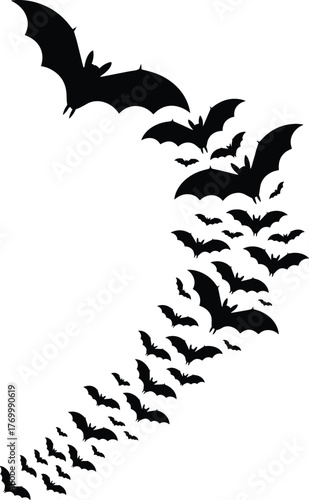 Flying bats swarm silhouette, black vector illustration on white background, spooky Halloween design element, dark night creatures, horror theme artwork