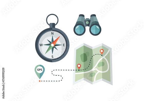 Navigation Tools Compass Binoculars Map and GPS for Exploration 1.