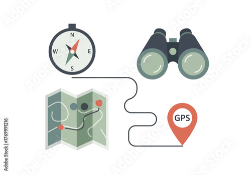 Navigation Tools Compass Binoculars Map and GPS for Exploration.