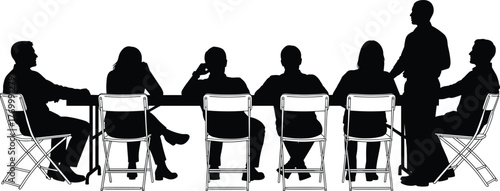 Business meeting silhouette vector, team discussion illustration, leadership presentation artwork, corporate group design, cad drawing flat vector illustration