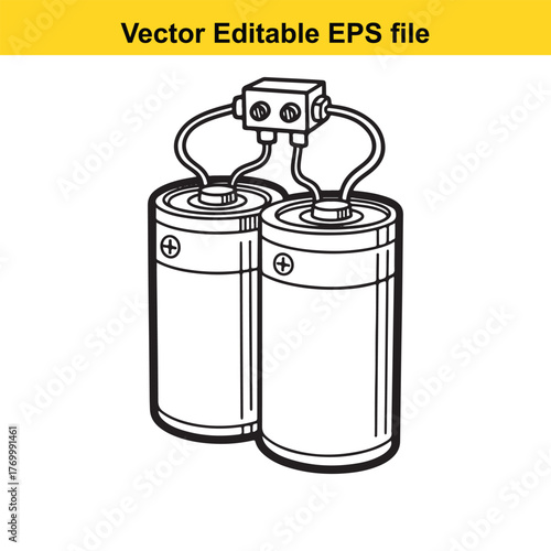 Two cylindrical batteries connected together with wires and a central junction box