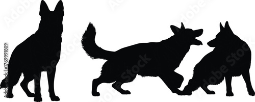 Dog silhouette vector, playful pet illustration, black canine poses, animal behavior artwork, cad drawing flat vector illustration