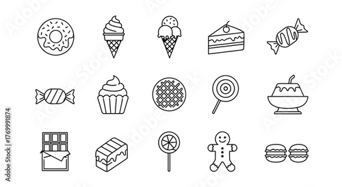 Collection of various dessert icons in outline style.