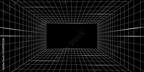 Futuristic perspective grid box. Abstract wireframe with white grid line on black background. Virtual reality landscape in 80s 90s digital style. Vector