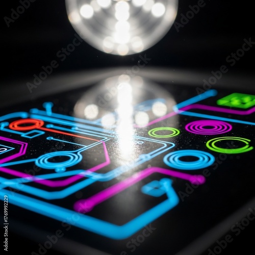 Circuit board with glowing lines and light reflection.