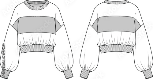 Cropped sweatshirt with puff sleeve and color block panel, women casual pullover fashion flat sketch front and back, cad drawing flat vector illustration