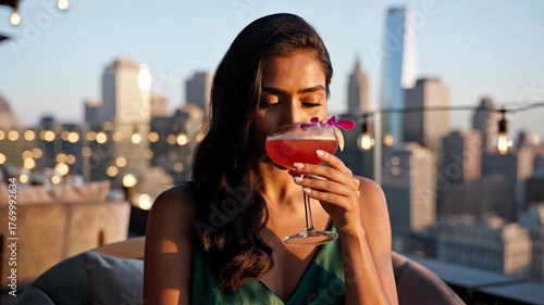 Smiling Indian Woman Sips Cocktail at Rooftop Bar. Sophisticated and relaxed atmosphere.
