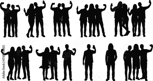 Selfie silhouette vector, smartphone pose illustration, group photo artwork, modern social behavior design, cad drawing flat vector 