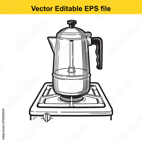 Vintage moka pot coffee maker on a gas stove, black and white line drawing