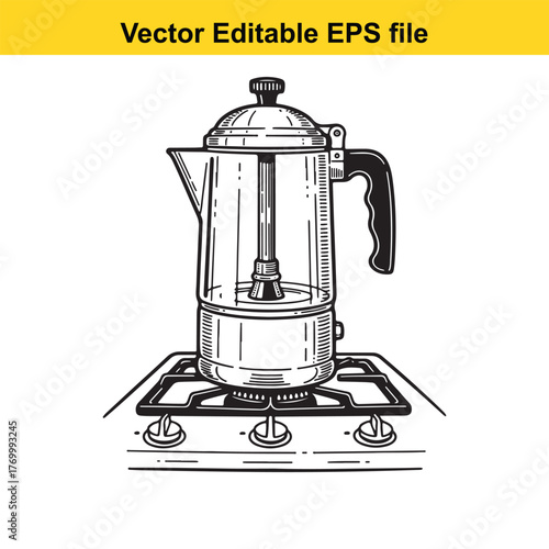 Classic moka pot coffee maker on a modern gas stove, black and white line drawing