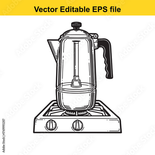 Vintage moka pot coffee maker on a gas stove, line art illustration