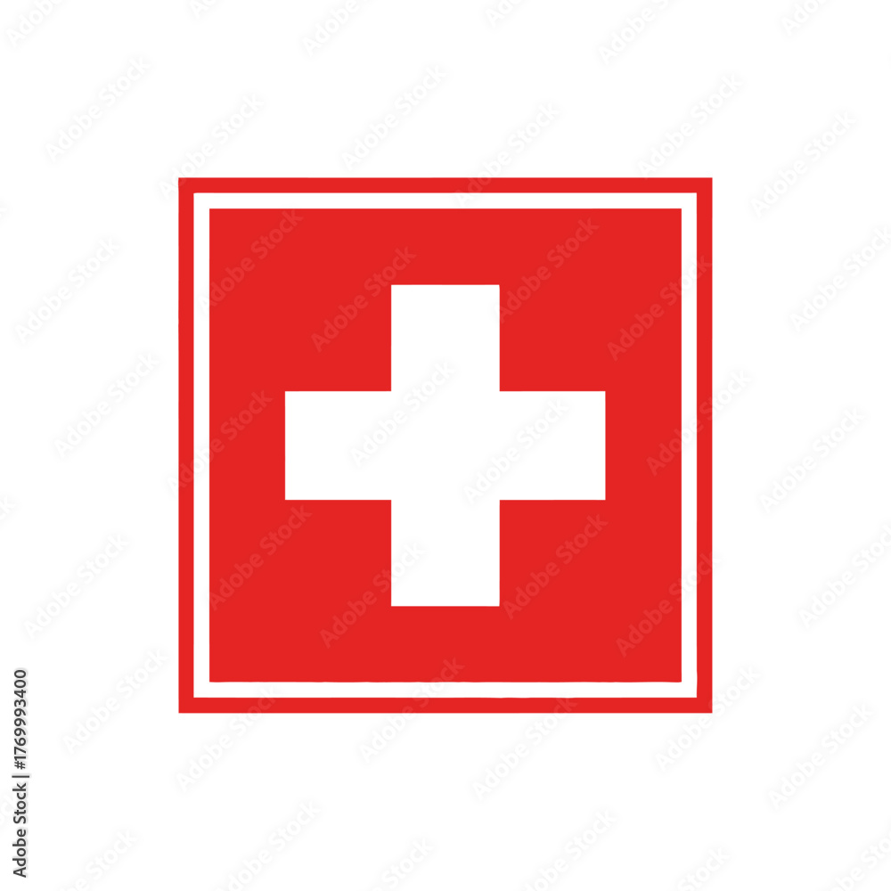 Obraz premium A simple, bold graphic icon representing the Swiss flag with a white cross on a red square background, symbolizing national identity and medical aid.
