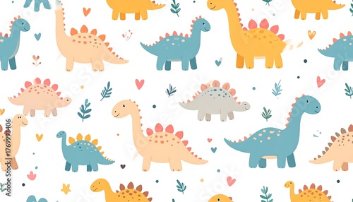 Fototapeta Naklejka Na Ścianę i Meble -  Cartoon dinosaur pattern with hearts and leaves on a white background