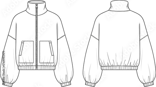 Stylish women high neck zip-up bomber jacket front and back view, detailed technical fashion sketch, apparel design cad drawing flat vector illustration