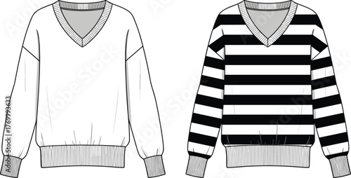 V neck striped and plain sweatshirt front view technical fashion flat sketch, casual knitwear garment design template, cad drawing flat vector illustration