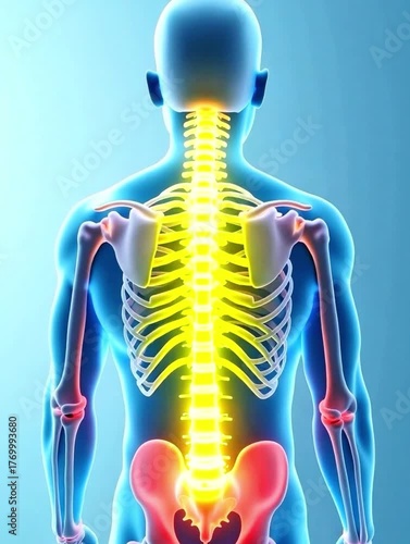 Anatomical Illustration of Lower Back Joint Pain. Joint Pain in the Human Body. The bones and joints are shown in bright and colorful detail.
