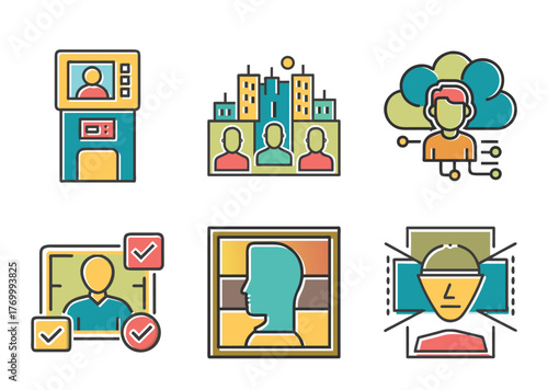 Human face recognition system color icon set. Artificial intelligence and biometrics. Digital identity and data access