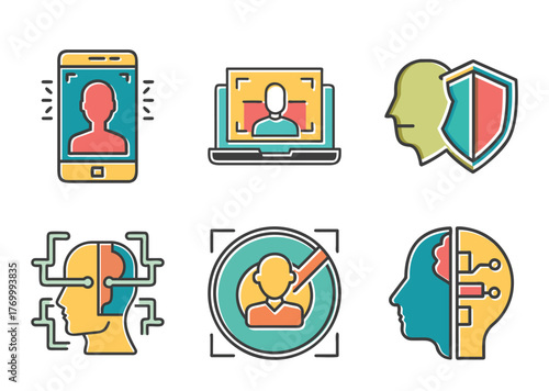 Biometric identification and facial recognition technology color icons. Digital security and user verification system