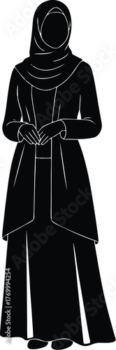 Silhouette of a woman wearing a hijab and traditional modest clothing.