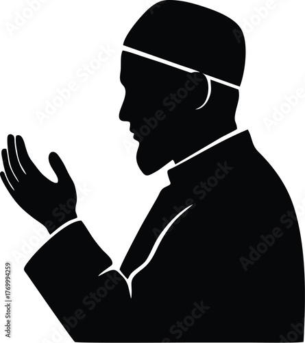 Silhouette of a Muslim man in prayer, wearing a cap and raising his hands in supplication.