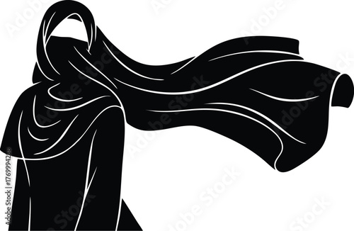 Silhouette of a woman wearing a niqab, with her veil flowing in the wind, depicted in black and white.