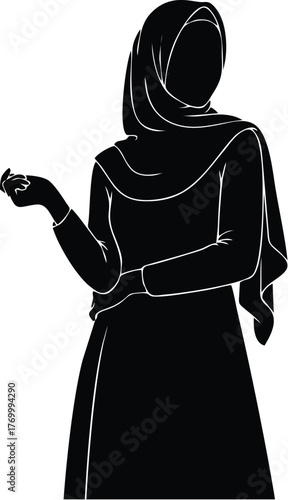 Silhouette of a woman wearing a hijab, with one arm across her body and the other extended in a gesture.