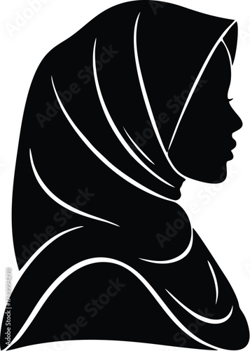 Silhouette of a woman wearing a hijab, facing right, depicted in black against a white background.
