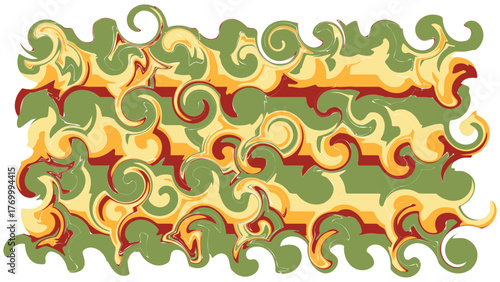 Abstract swirls of green, yellow, and red intertwine in a chaotic yet harmonious pattern, creating a visually stimulating and dynamic composition with a playful mood.