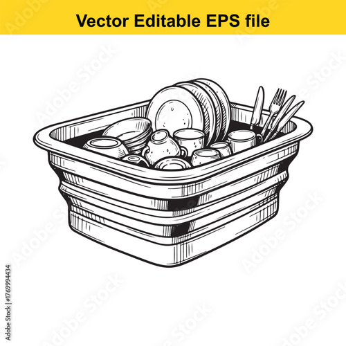 Line art drawing of a wash basin filled with various dishes, pots, and cutlery, perfect for kitchen or cleaning scenes