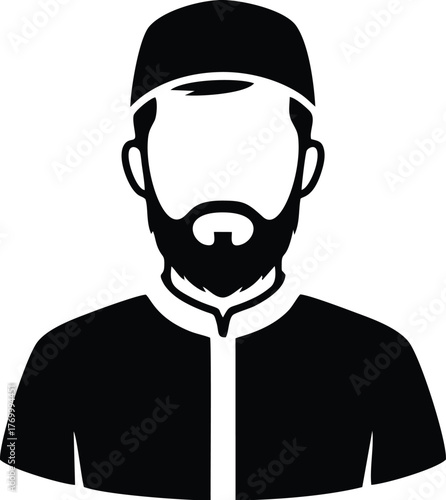 A stylized vector illustration of a man with a beard wearing a kufi hat and traditional clothing.