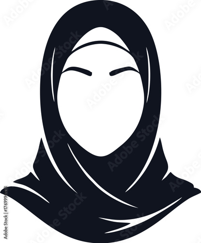 Silhouette of a woman wearing a dark hijab, face is blank, no facial features.