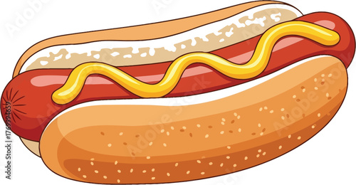 Cartoon hotdog with mustard on a bun ready to eat for a quick and tasty lunch