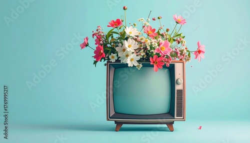 Retro television overflowing with colorful flowers A vintage blend of nature & nostalgia