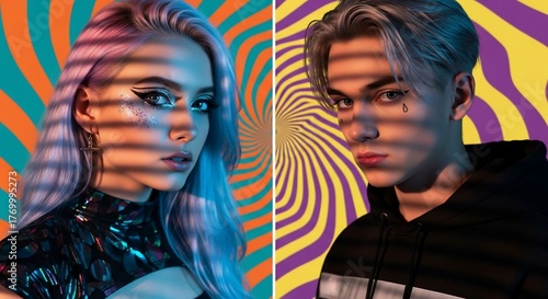 Young people with colorful psychedelic backgrounds.