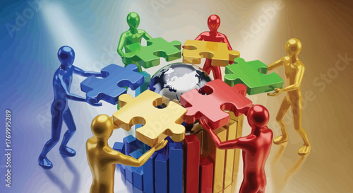 Teamwork collaboration assembling puzzle pieces around a globe for global success