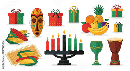 Kwanzaa Celebration Elements Gifts, Kinara, Fruits, and Corn Illustration