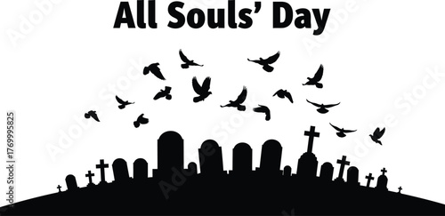 Silhouette illustration of all souls day with tombstones and birds remembrance of dead concept