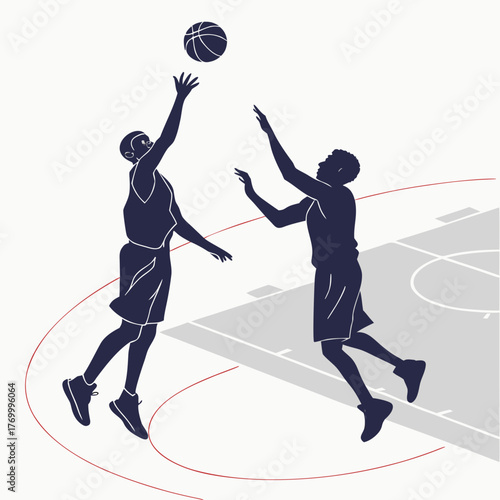 Basketball Players Jumping for Ball on Court Isometric View sport game
