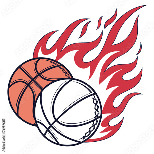 Two basketballs engulfed in stylized red flames sports game