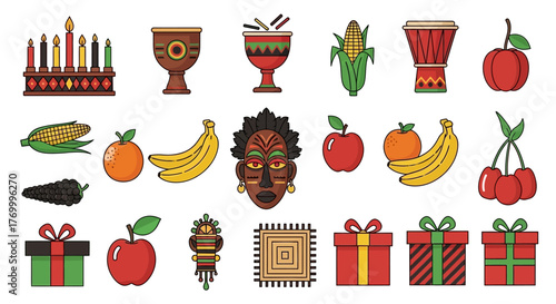 Kwanzaa Symbols and Food Vector Illustration