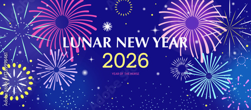 Lunar New Year 2026 Fireworks Banner. Chinese New Year Greeting with Colorful Fireworks on Night Sky Background. Festive Asian Korean Japanese Celebration Card Template Design.