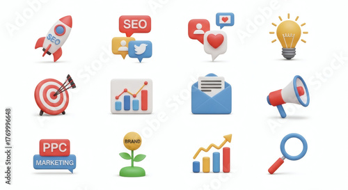 Modern 3D Icon Set for Digital Marketing and Business Growth Essential Tools for SEO, PPC, Social Media, Analytics, and Strategic Planning