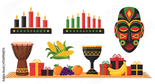 Vibrant Kwanzaa Celebration Candles, Mask, Gifts & Feast Illustration