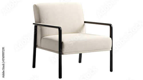 Cream fabric armchair with black metal frame on transparent background furniture
