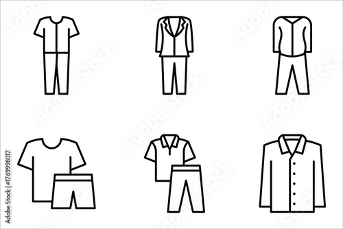 Pajamas icon set. Unisex pyjamas. Pants, shirt for sleep. Clothing for nighttime. vector illustration on white background