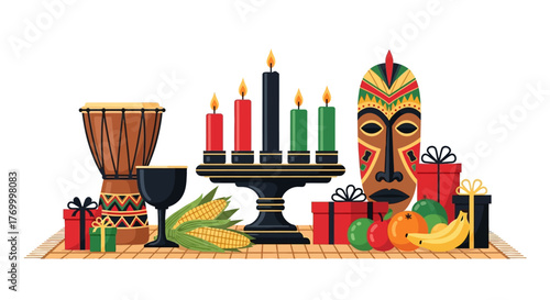 Kwanzaa Celebration Still Life Candles, Gifts, and Harvest on Display