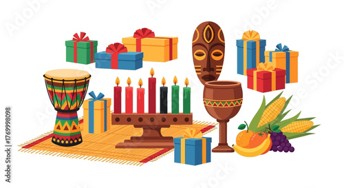 Colorful Kwanzaa Celebration with Gifts, Candles, and Traditional Elements