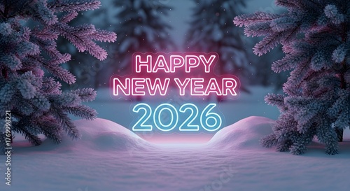 A festive new year 2026 greeting card with neon lights illuminating the snowy landscape, creating a magical and inviting atmosphere for the upcoming year