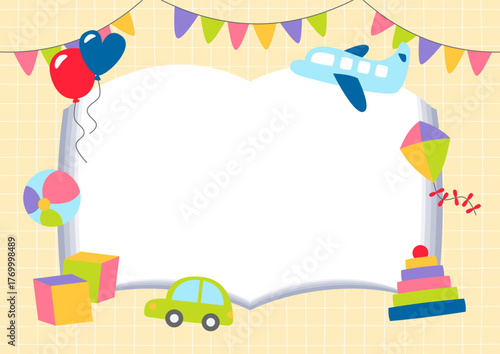 cute kids background with blank book and toys